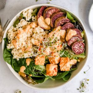 A tahini miso tempeh bowl, ready to serve.