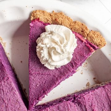 A sliced vegan purple sweet potato pie.