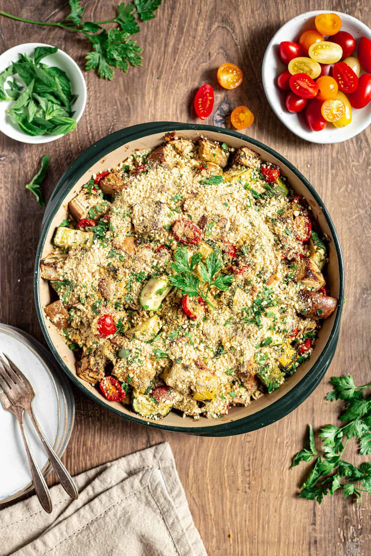 A dish of freshly baked vegan ratatouille bake.