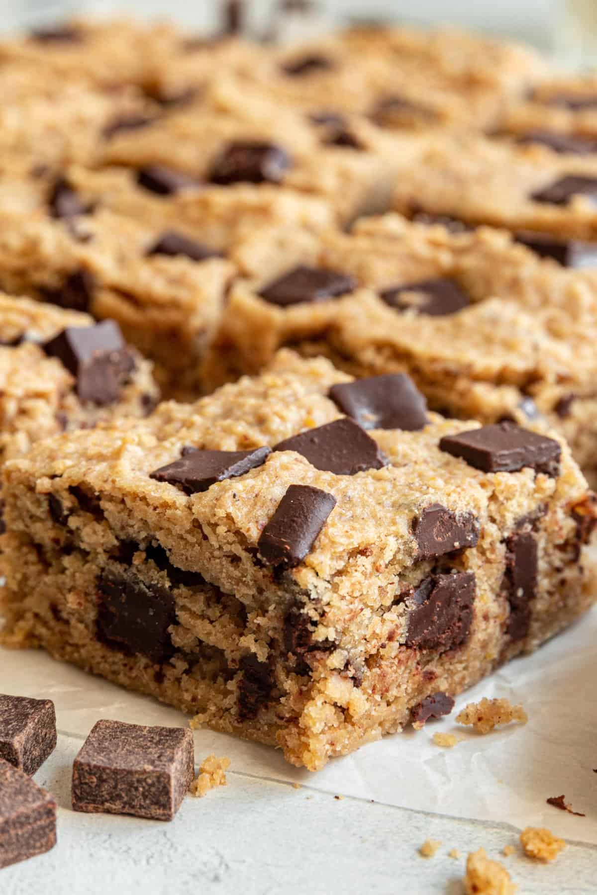 Healthy Vegan Chocolate Chip Chickpea Blondies cut and served.