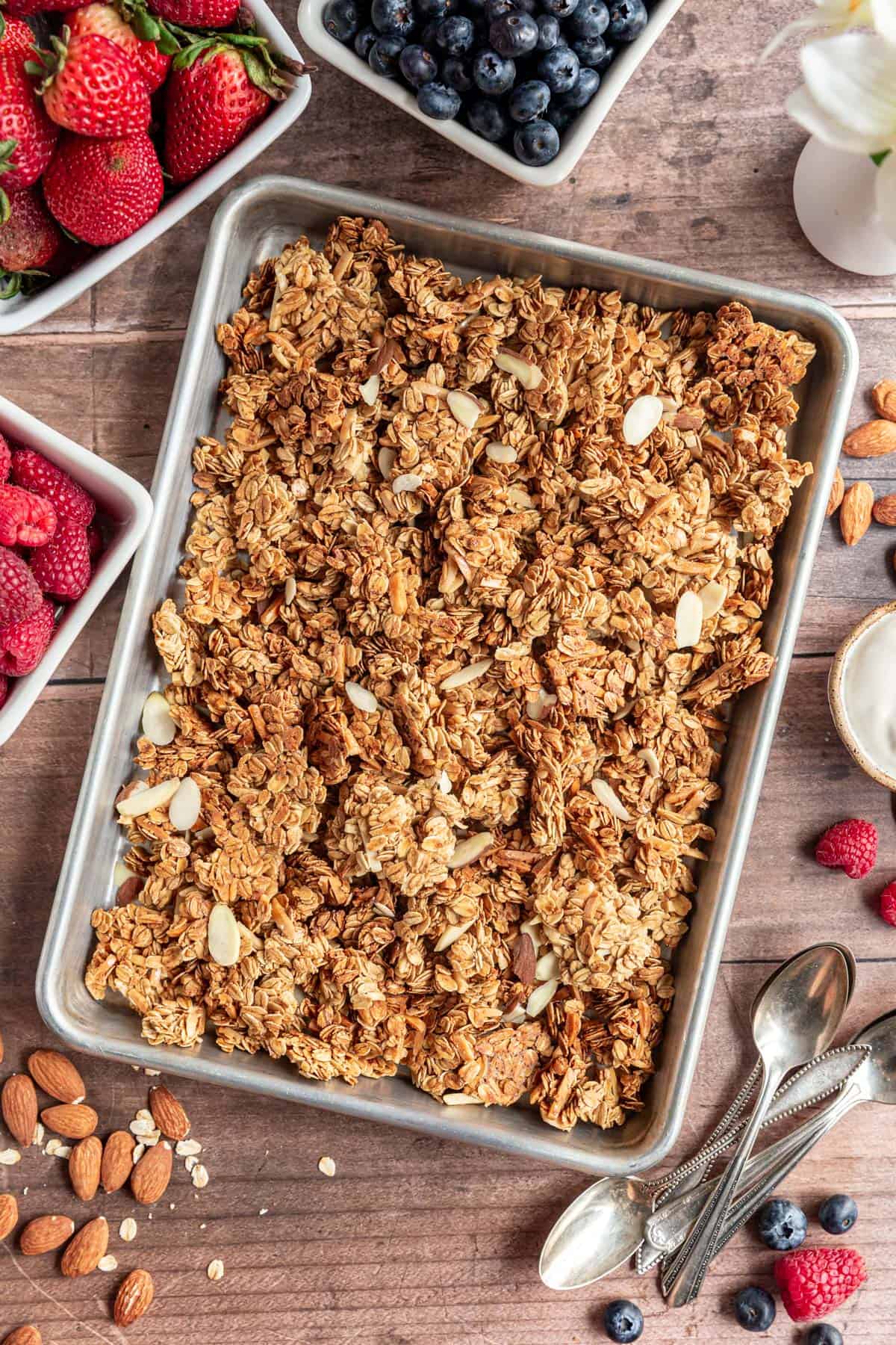 Tray of freshly baked Vanilla Almond Granola.