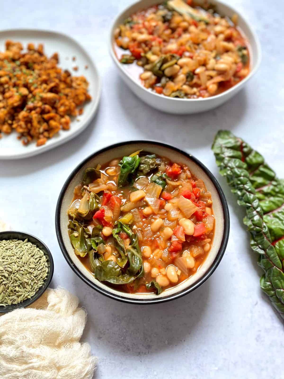 White Beans and Rainbow Chard with Italian Tempeh Sausage