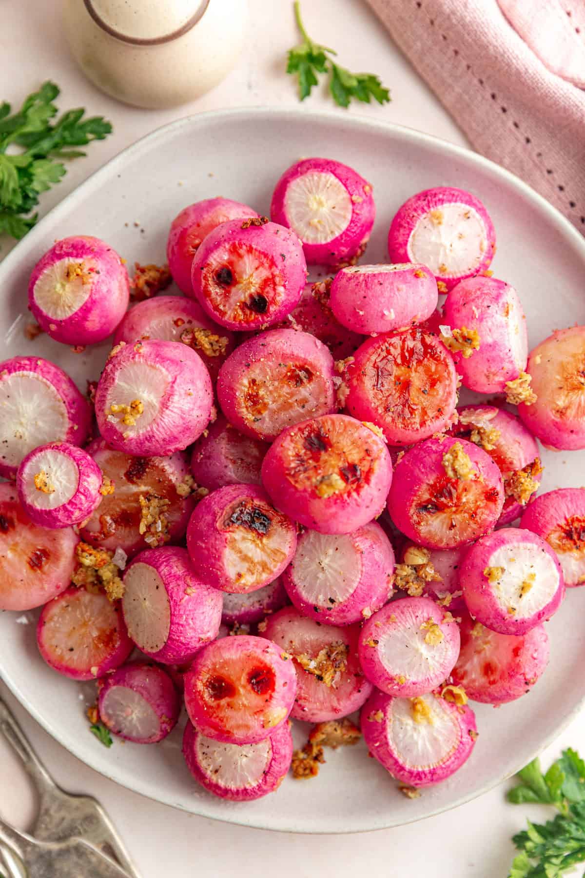 Garlic Roasted Radishes ready for garnish.