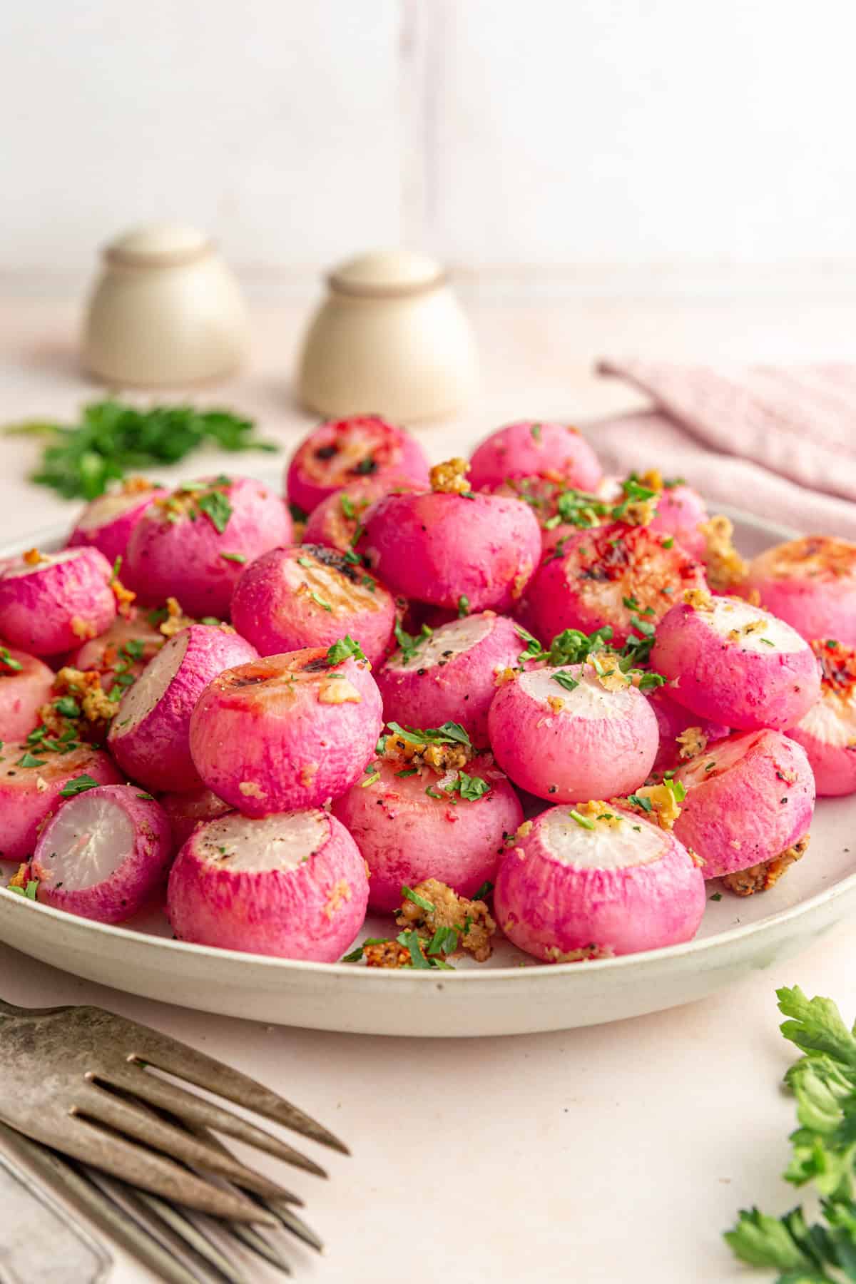 Garlic Roasted Radishes ready to serve.