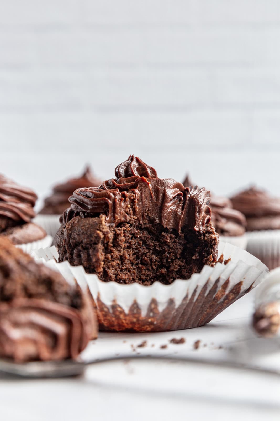 Oil-Free Vegan Chocolate Cupcakes with a bite
