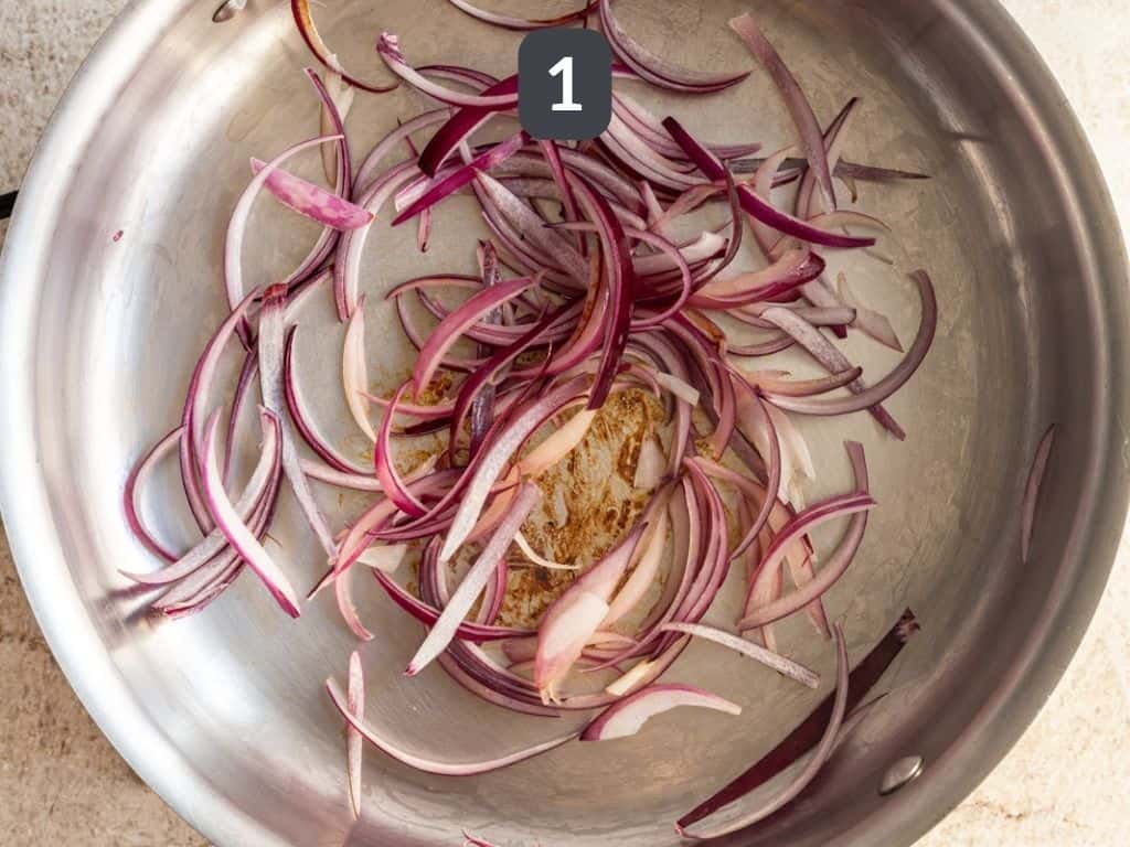 Creamy Vegan Polenta with Mushrooms Spinach and Kale Step 1 Saute onions