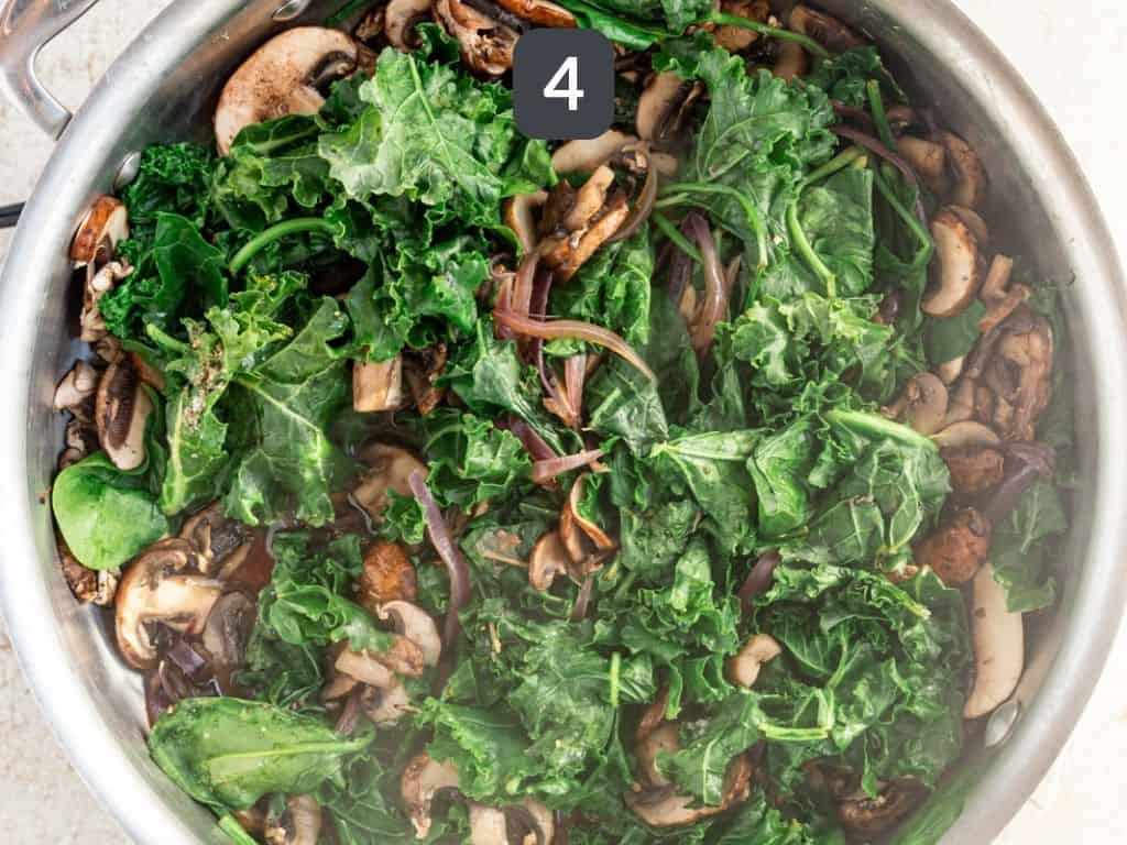 Creamy Vegan Polenta with Mushrooms Spinach and Kale step 4 add greens