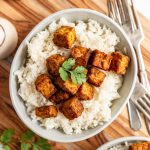 A bowl coconut curry tempeh, served over rice, with a garnish of cilantro.