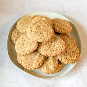 A plate of peanut butter banana oatmeal cookies.