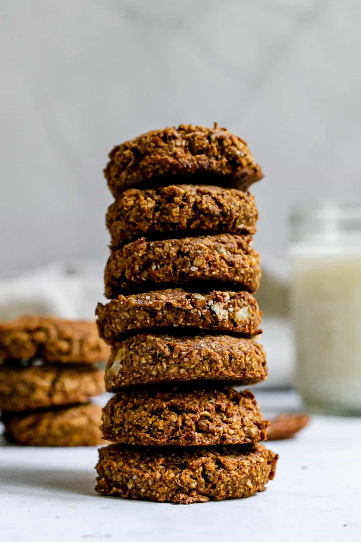 A stack of seven sweet potato pecan cookies.