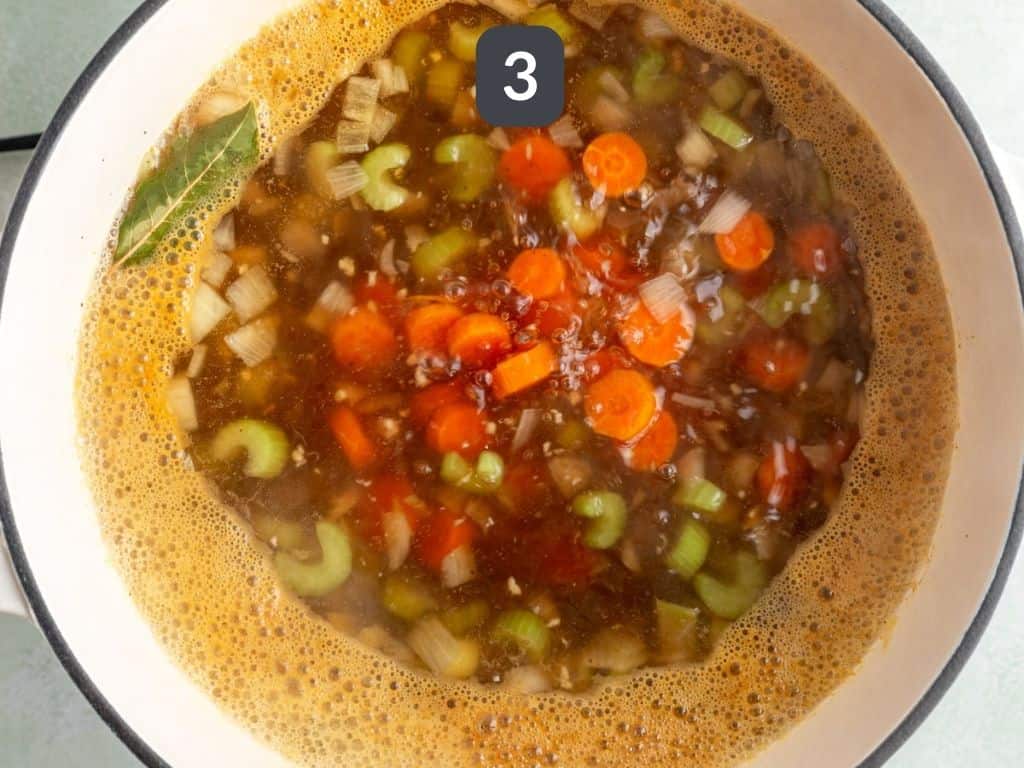 Vegan chicken noodle soup step 3 - add the broth and bring to a boil.