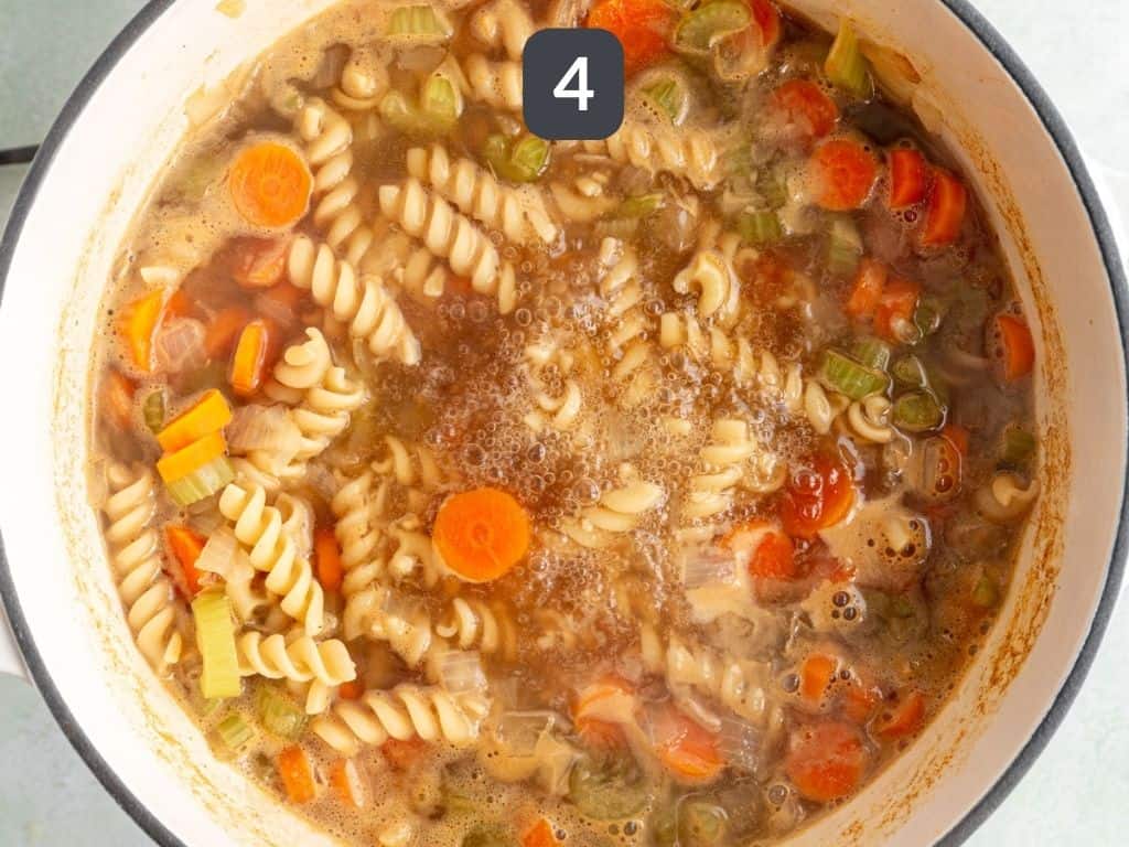 Vegan chicken noodle soup step 4 - add the pasta and cook according to the package instructions.
