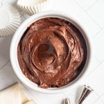 A bowl of vegan oil-free chocolate frosting, with cupcake liners, piping bags, and tips.