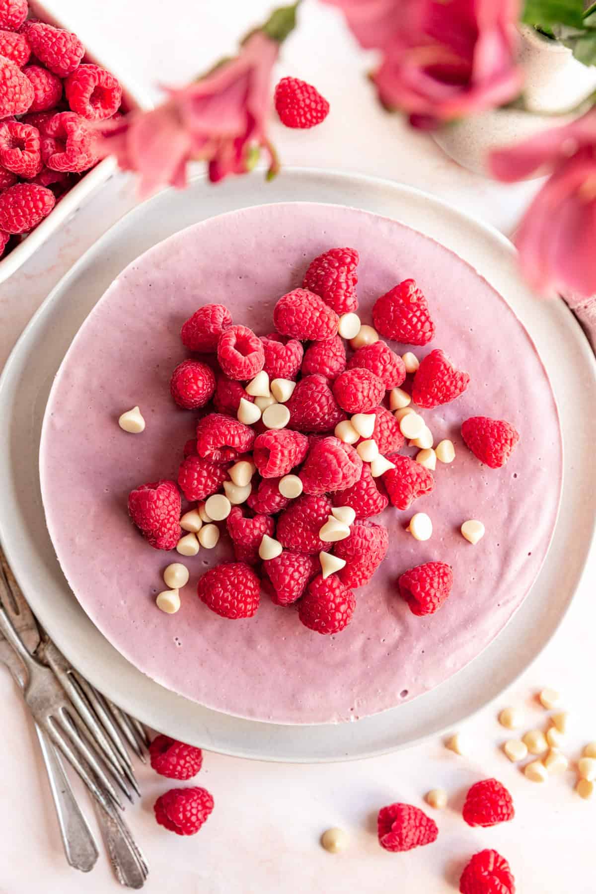 A plate with a vegan raspberry cheesecake, decorated with fresh raspberries and white chocolate chips.