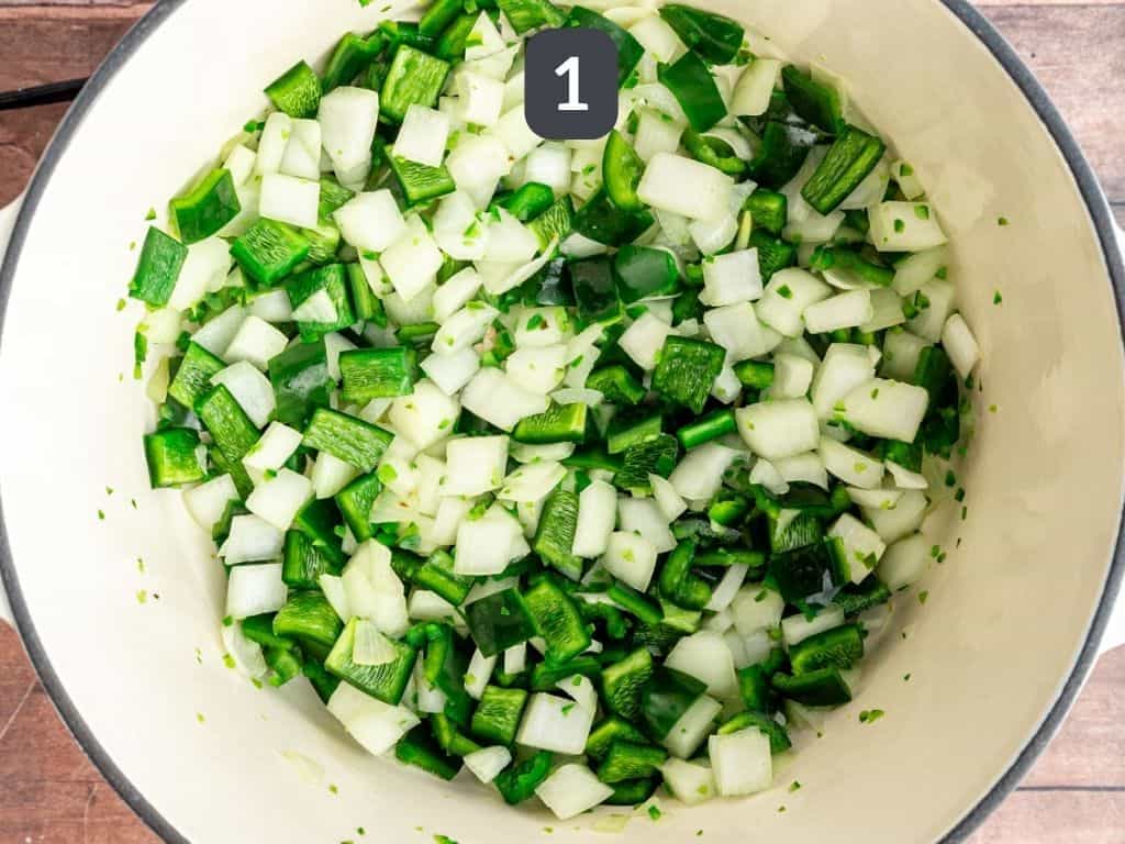 Vegan Tempeh Chili Step 1 - sauté the onion and pepper.