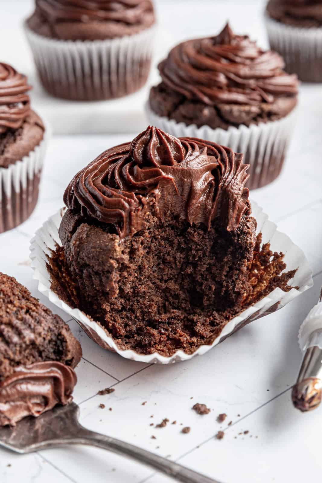 Oil-Free Vegan Chocolate Cupcakes with a bite