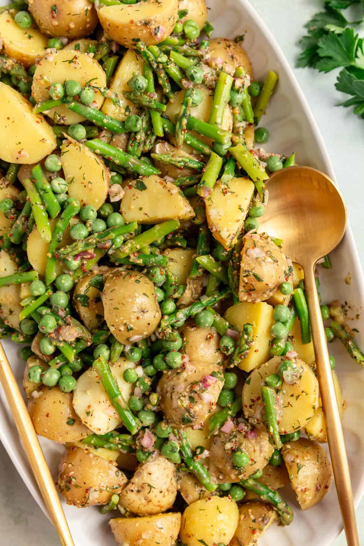 A platter of vegan asparagus potato salad.