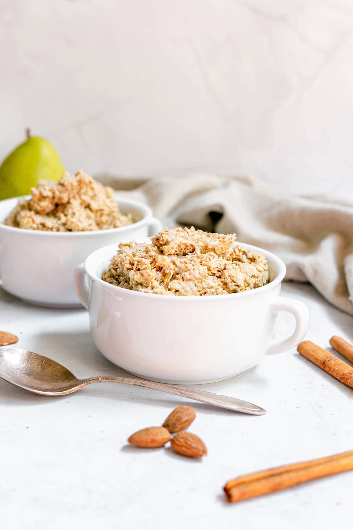 A bowl of ginger pear muesli, ready to serve.