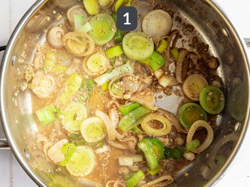 Vegan Asparagus Soup Step 1 - sauté the leeks and shallots.