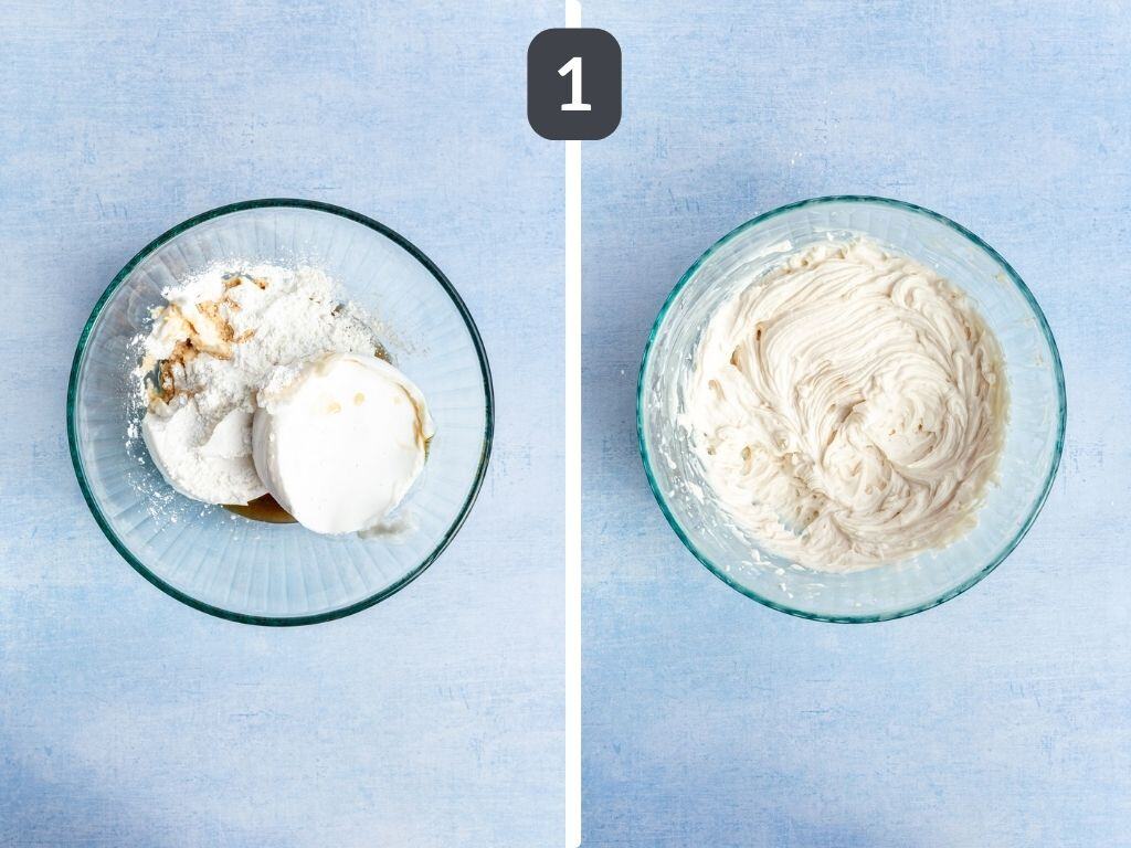 Vegan cream cheese frosting step 1 - beat the ingredients together.