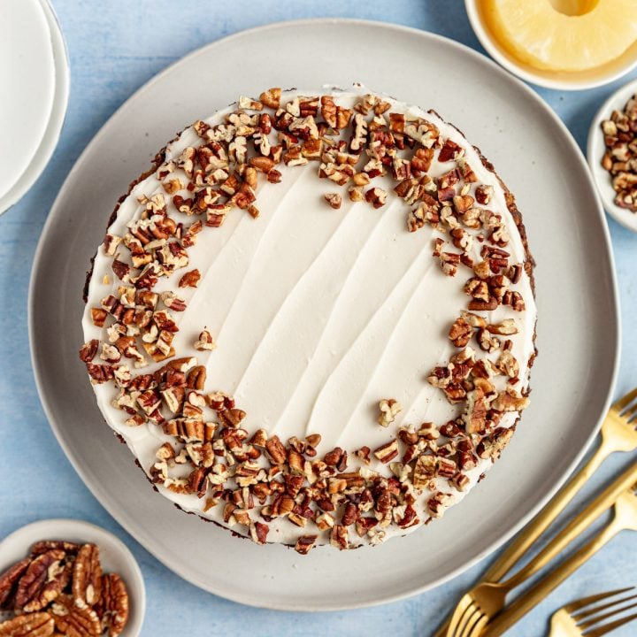 A freshly iced vegan hummingbird cake, ready to serve.