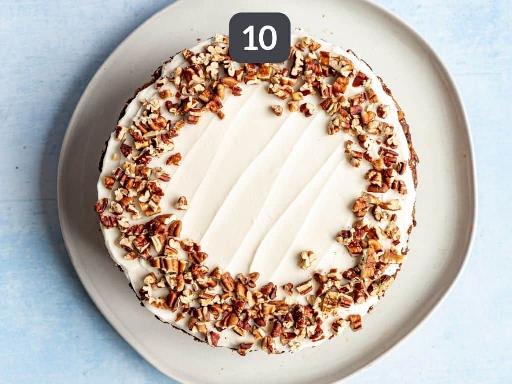 Vegan Hummingbird Cake Step 10 - top with pecans.