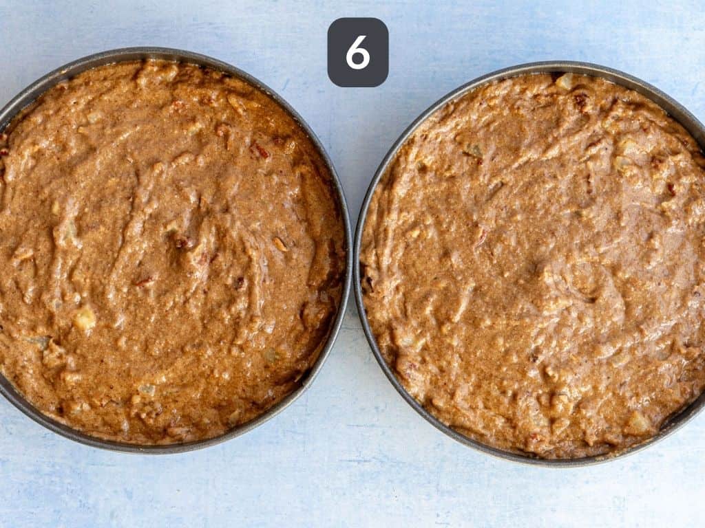 Vegan Hummingbird Cake Step 6 - divide into cake pans