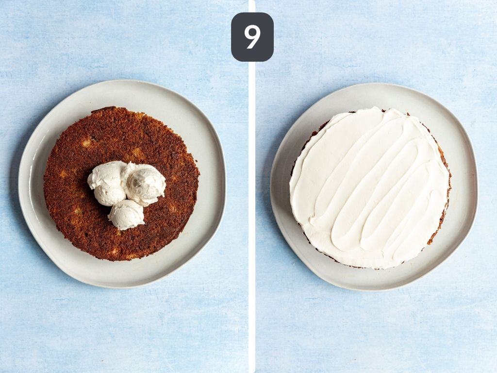 Vegan Hummingbird Cake Step 9 - frost the cake.