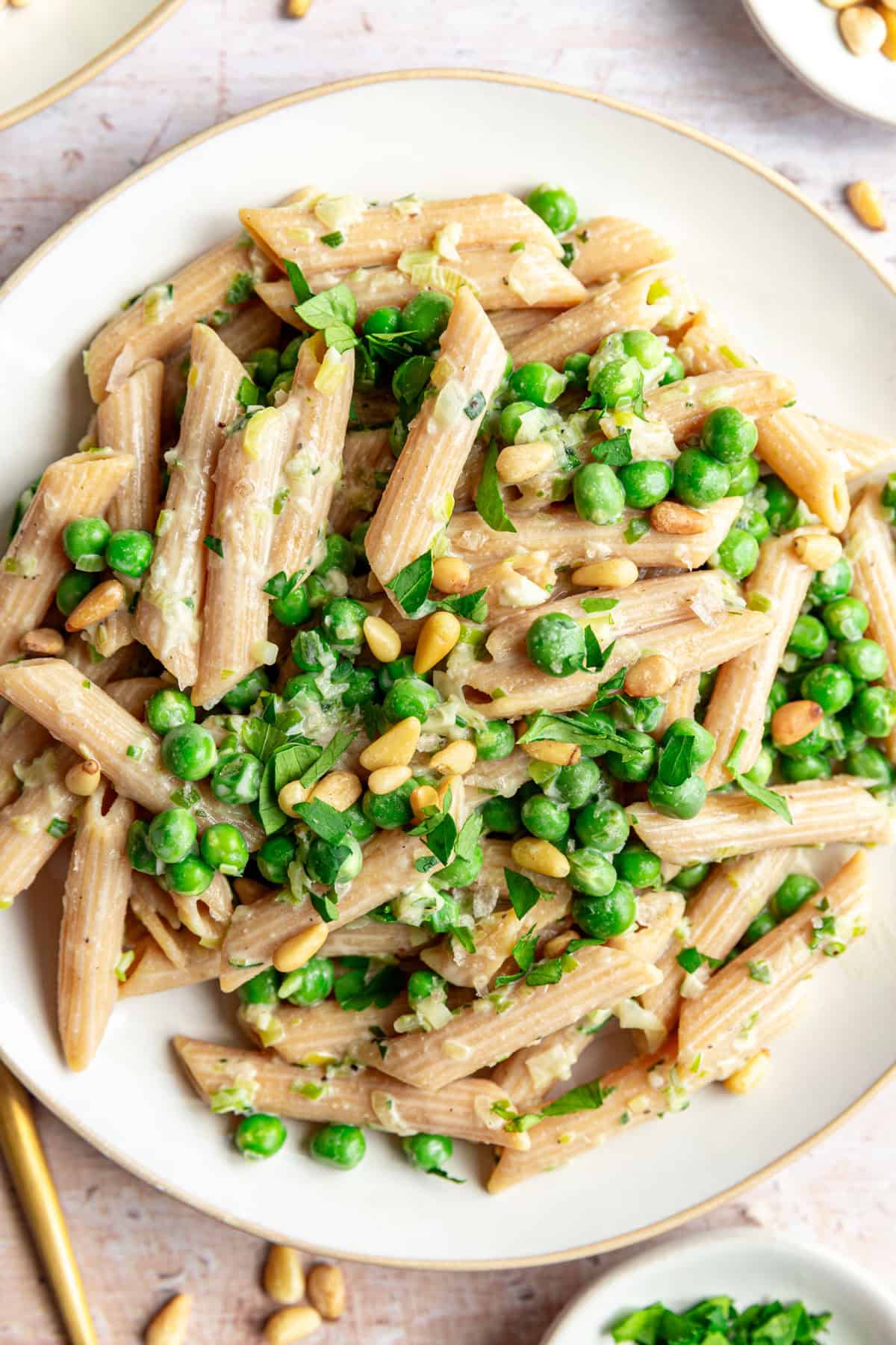 A plate of Pea and Spring Onion Pasta.