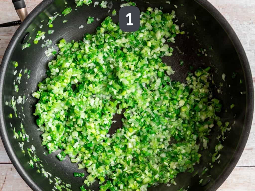 Vegan Pea and Spring Onion Pasta Step 1 - sauté the spring onions.