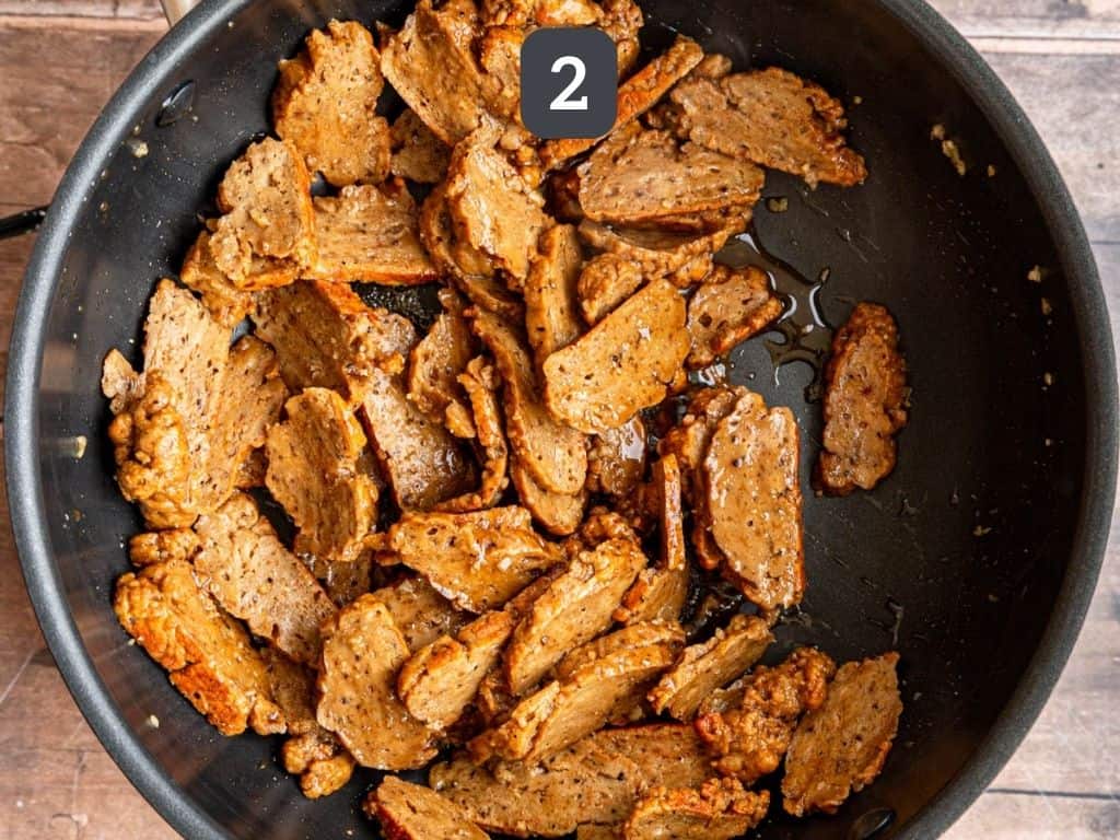 Teriyaki Seitan Step 2 - cook the beef or chicken in the sauce.