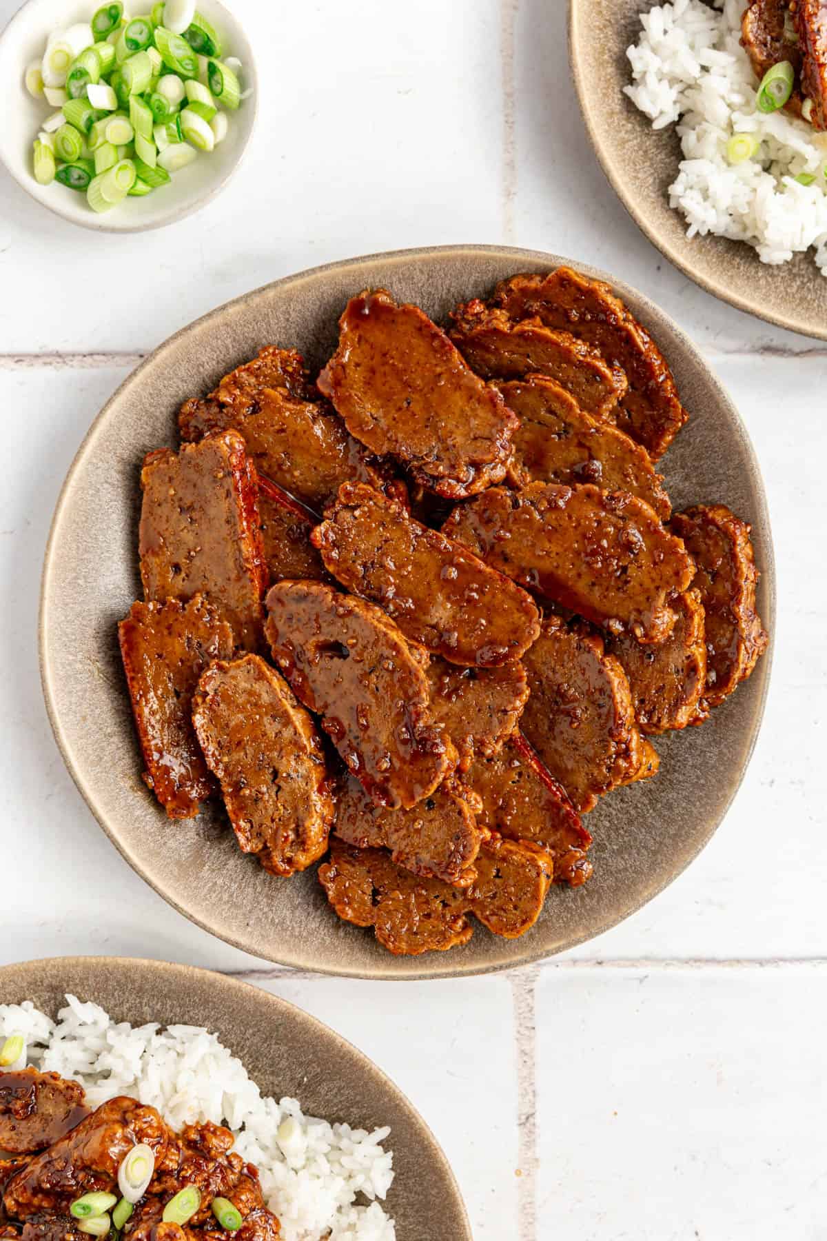 A plate of Vegan Mongolian Beef, ready to serve.