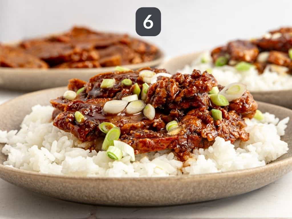 Vegan Mongolian Beef Step 6 - serve over rice topped with scallions.