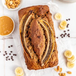 A freshly baked loaf of vegan peanut butter banana bread.