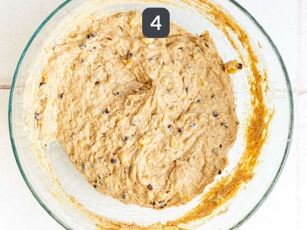 Vegan Peanut Butter Banana Bread Step 4 - stir in chocolate chips and peanuts.