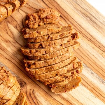 A freshly baked vegan seitan steak.
