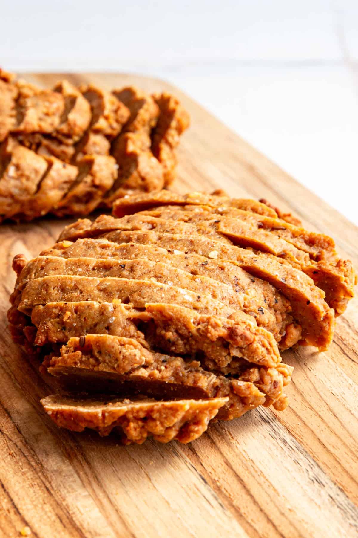 A freshly baked vegan seitan steak.