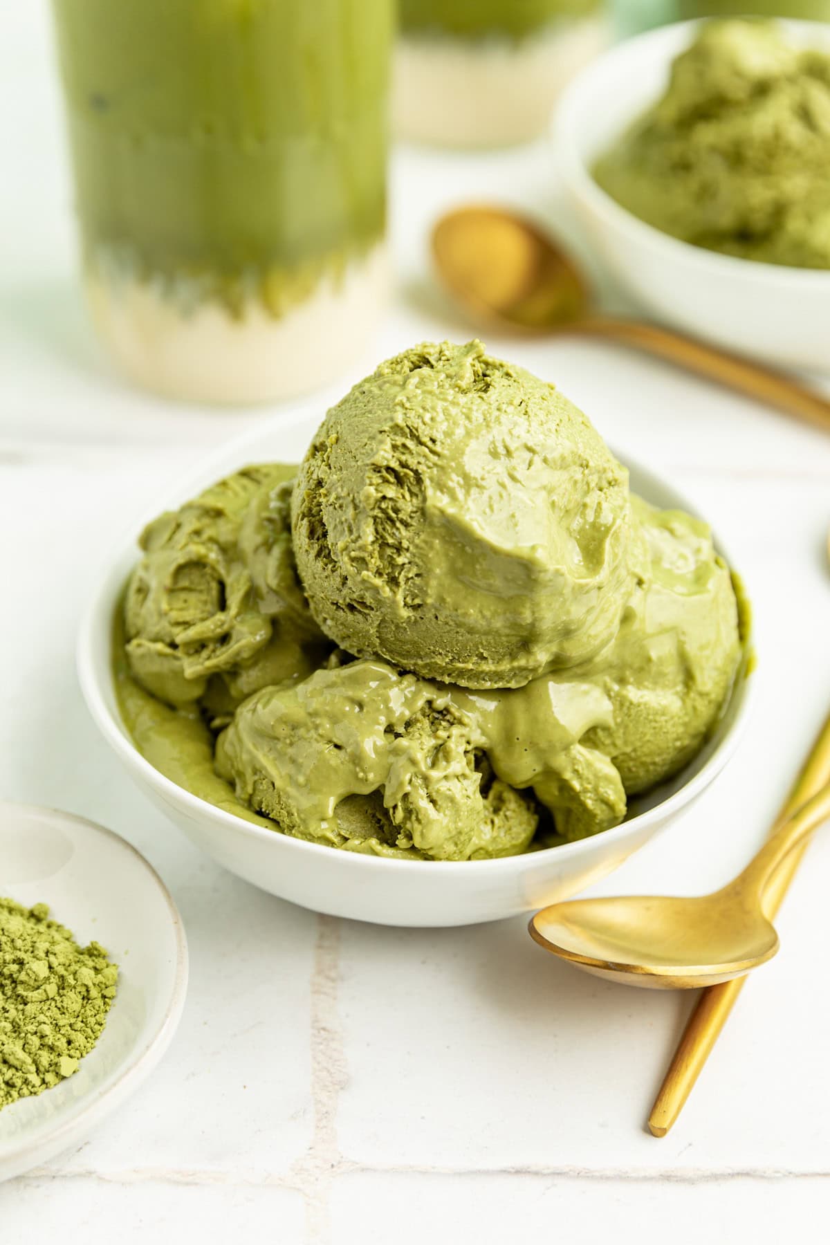 A bowl of vegan matcha ice cream.