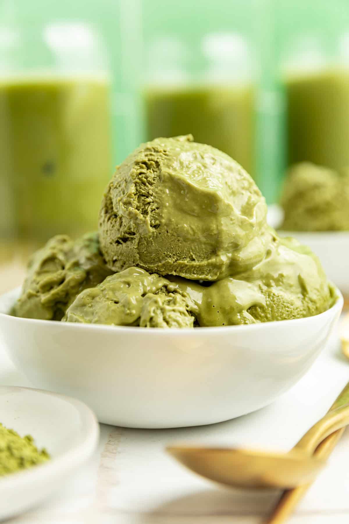 A bowl of vegan matcha ice cream.