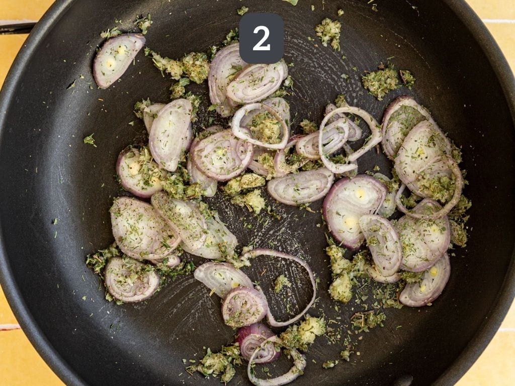 Vegan Mediterranean Pasta Step 2 - cook the shallots, garlic, and herbs.