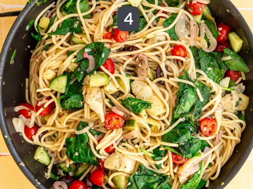 Vegan Mediterranean Pasta Step 4 - add the vegetables.