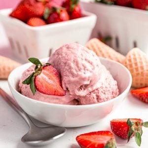 A bowl of Vegan Strawberry Ice Cream, with a strawberry, ready to eat.