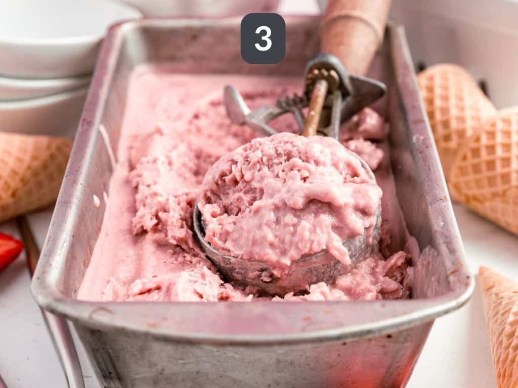 Vegan Strawberry Ice Cream Step 3 - let thaw slightly before scooping.