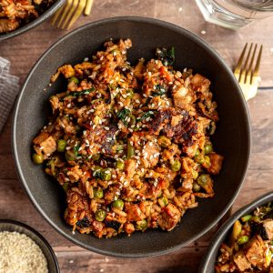 A bowl of weeknight vegan fried rice.