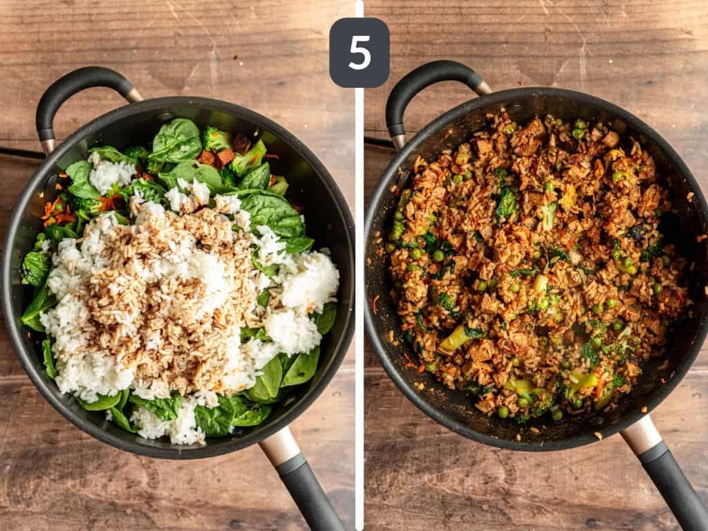 Vegan Weeknight Fried Rice Step 5 - add the rice and tofu to the vegetables.