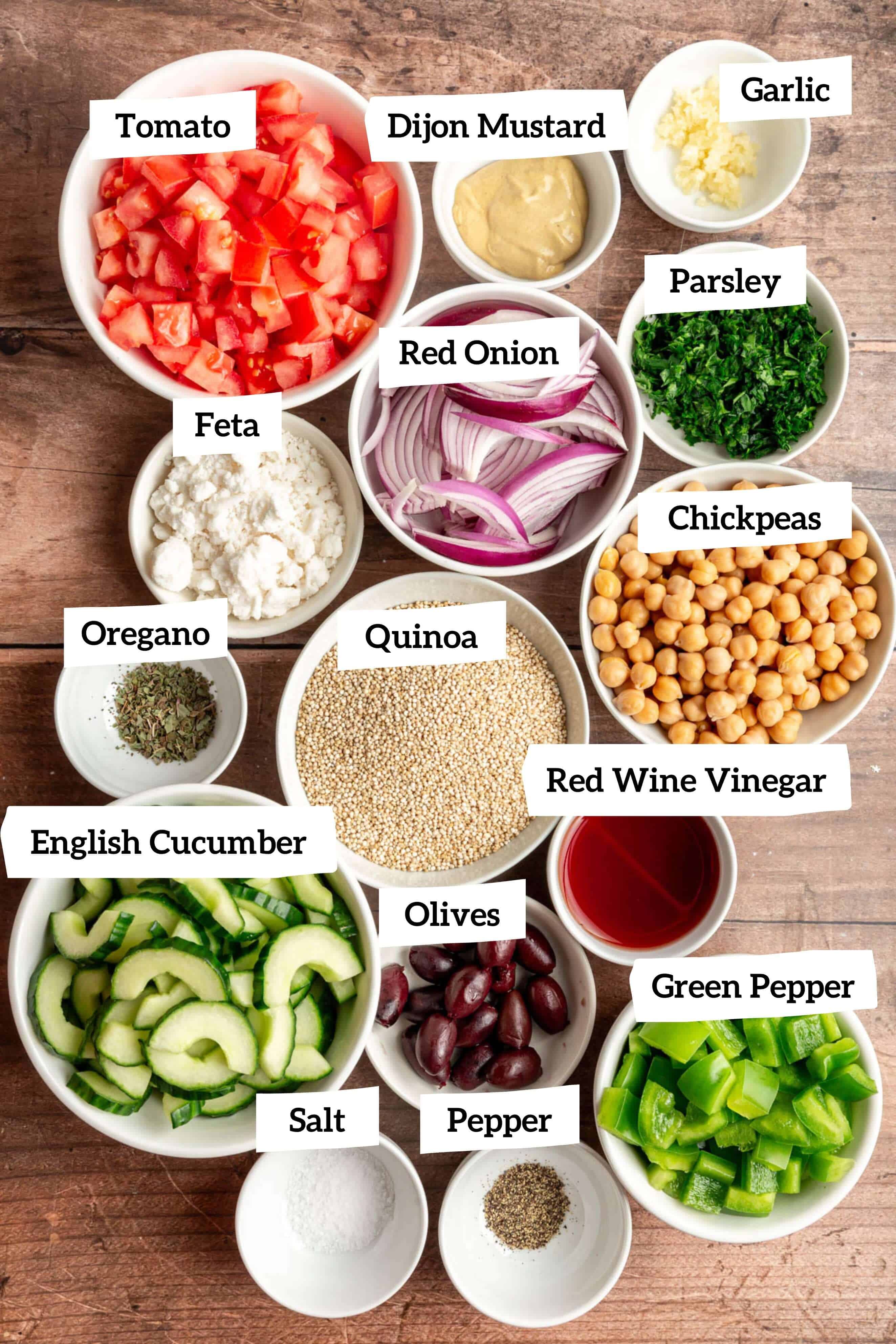 Mediterranean quinoa salad ingredients.