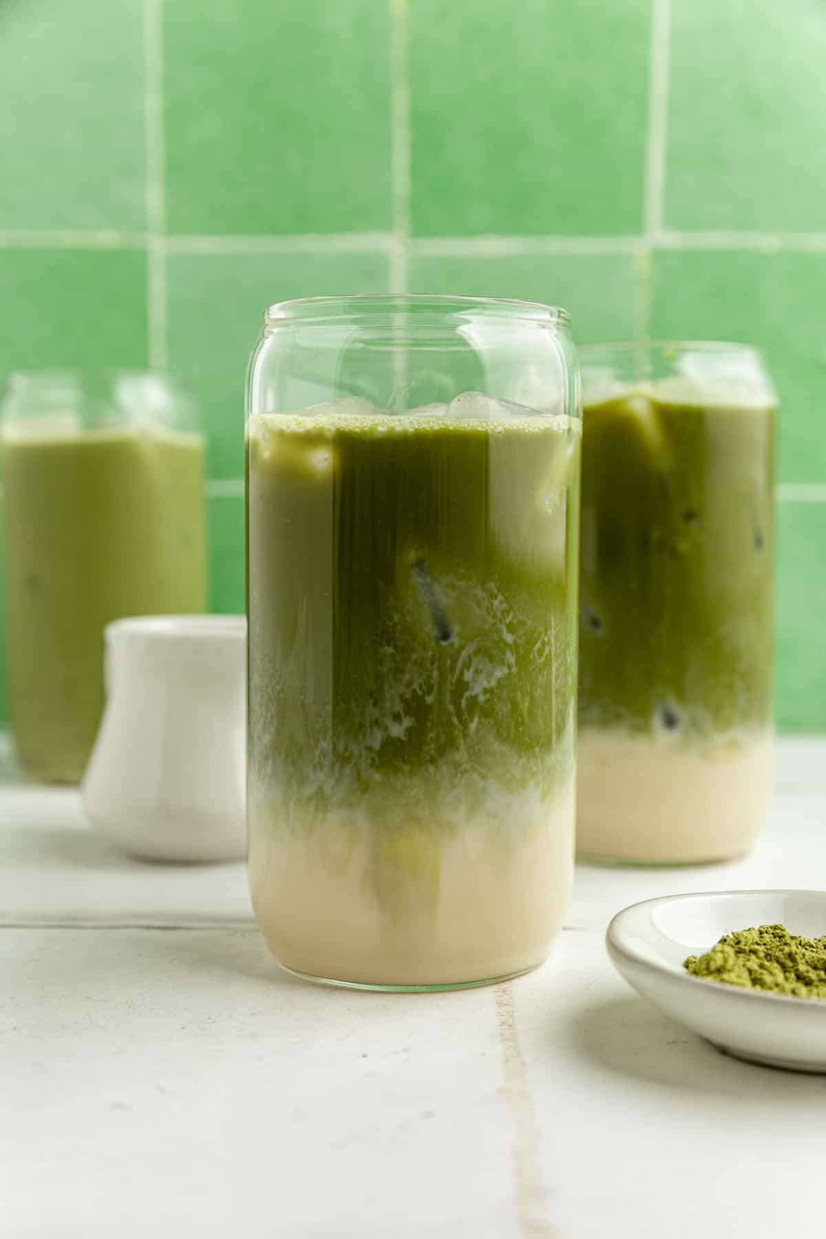 A Vegan Iced Matcha Latte, ready to serve.