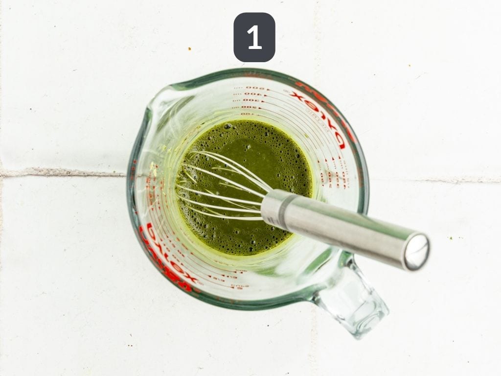 Vegan Iced Matcha Latte Step 1 - whisk the matcha and hot water.