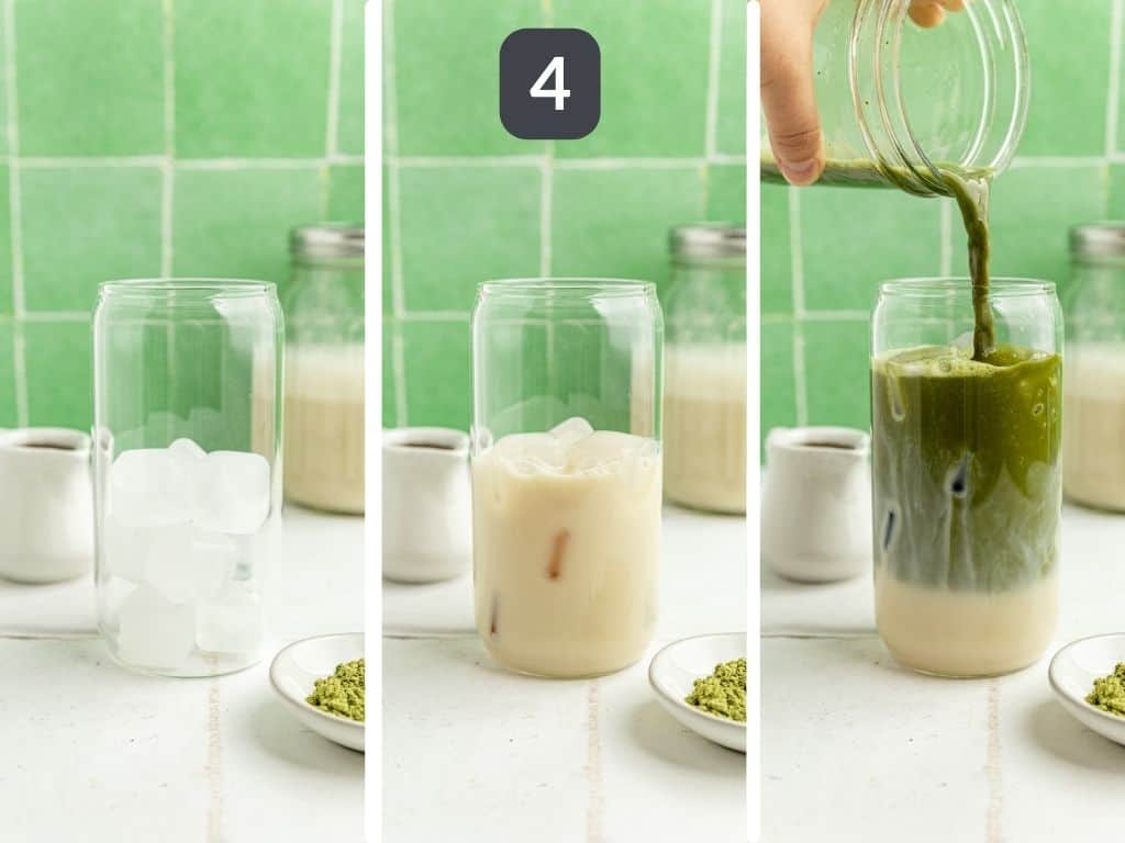 Vegan Iced Matcha Latte Step 4 - add the milk and match to a glass with ice.