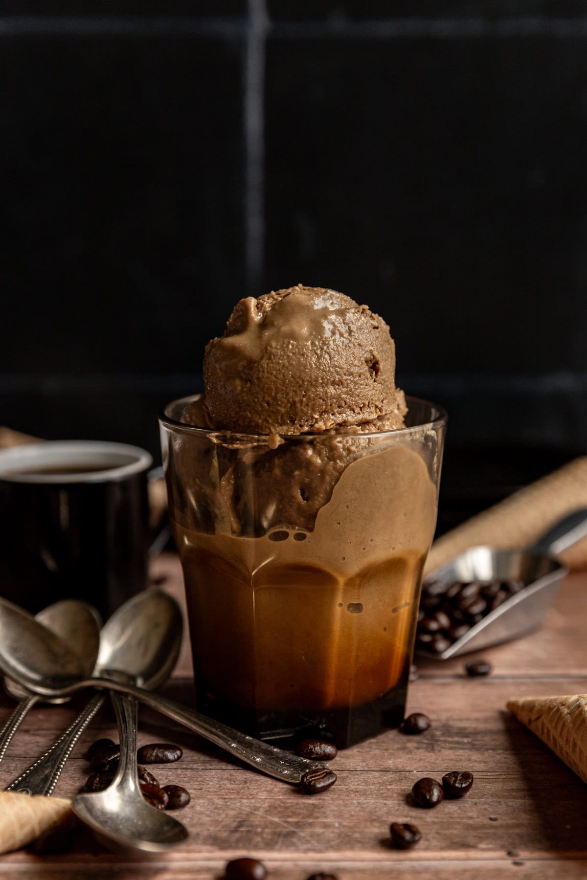 Vegan No Churn Coffee Ice Cream in a glass, ready to eat.